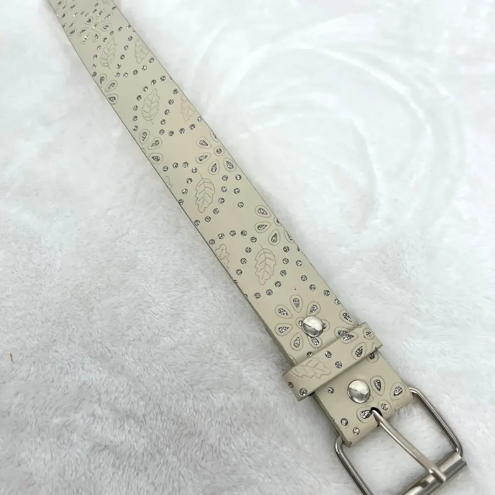Bone Color Embellished Leather Belt L Western Sparkle Fairy Retro Casual